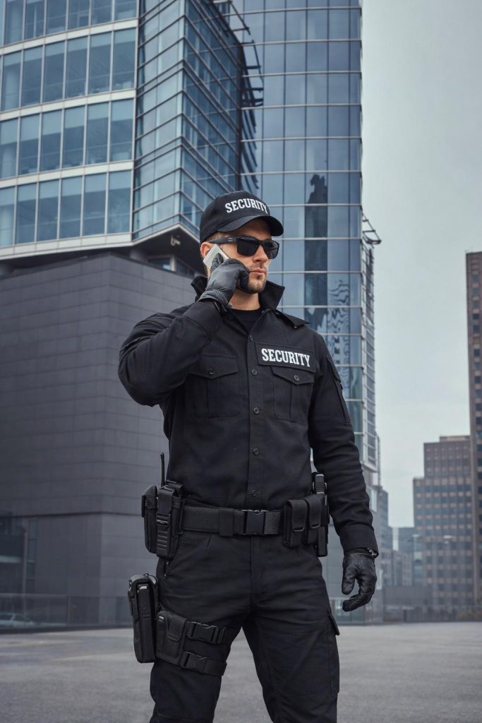 Security officer on patrol outside corporate office building