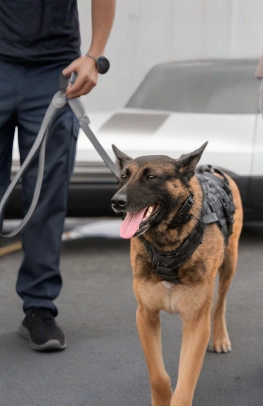 Security guard walking with trained K9 patrol dog outdoors