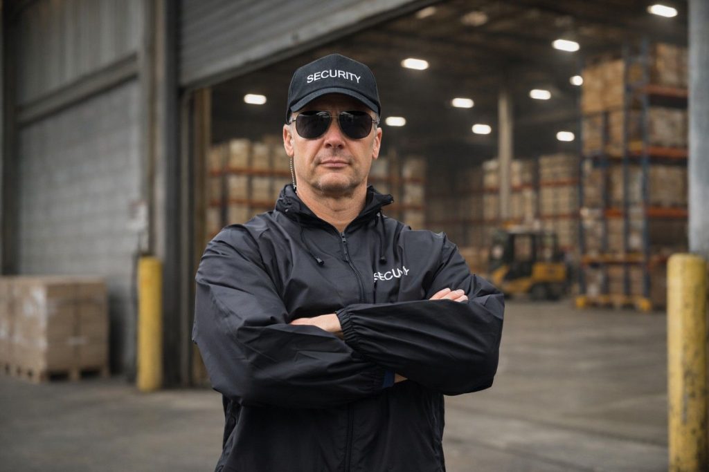 Warehouse security guard monitoring logistics facility entrance