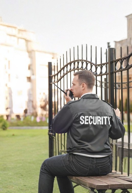 Security guard using radio near gated property entrance